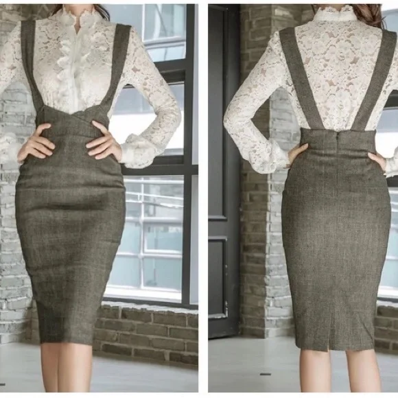 Overall skirt and lace blouse 2PCS SET white gray pencil skirt - Picture 4 of 4